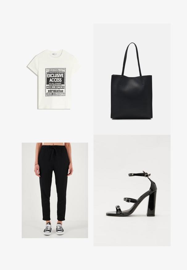 White t-shirt with black text promoting a music event, featuring "Exclusive Access," "Rock Indie Concerts," and "Superstar Music Experience."; Black, lightweight, textured trousers with a drawstring waist, tapered fit, and rolled cuffs, paired with black and white sneakers.; Black patent heeled sandals with a square toe, ankle straps, and silver buckles. Features a chunky block heel for stability.; Black leather tote bag with smooth texture, rectangular shape, and two long handles. No visible hardware or embellishments.