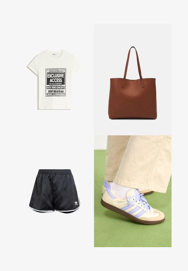 Bijela majica s crnim natpisom koja promiče glazbeni događaj, s natpisima "Ekskluzivni Pristup", "Rock Indie Koncerti" i "Superstar Glazbeno Iskustvo."; Crne atletske kratke hlače od glatkog sintetičkog materijala, sa bijelim bočnim naglascima i izvezenim logotipom u donjem lijevom kutu.; Kremasto-ljubičaste tenisice s tri pruge i strukturiranim smeškim potplatom, s vezicama i podstavljenim petom. Mekana gornja tkanina.; Smeđa kožna torba preko ramena s glatkom teksturom, otvorenim vrhom i dvjema naramenicama. Ima minimalne šavove i nema vidljivog hardvera.