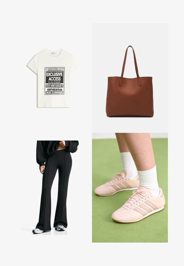 Fehér póló fekete felirattal, amely egy zenei eseményt népszerűsít, benne az "Exkluzív Hozzáférés", "Rock Indie Koncertek" és "Szupersztár Zenei Élmény" szöveggel.; Fekete, trapézos szárú nadrág magas derékkal és oldalsó varrással. Rugalmas anyagból készült, sima tapintású. Sportcipővel párosítva.; Világos rózsaszín sportcipők, átlós varrással, fehér talppal és három oldalsó csíkkal. Zöld felületen bordázott fehér zoknikkal viselve.; Barna bőr vászontáska sima textúrával, nyitott tetejű dizájnnal és két vállpánttal. Minimális varrással és látható hardver nélkül készült.