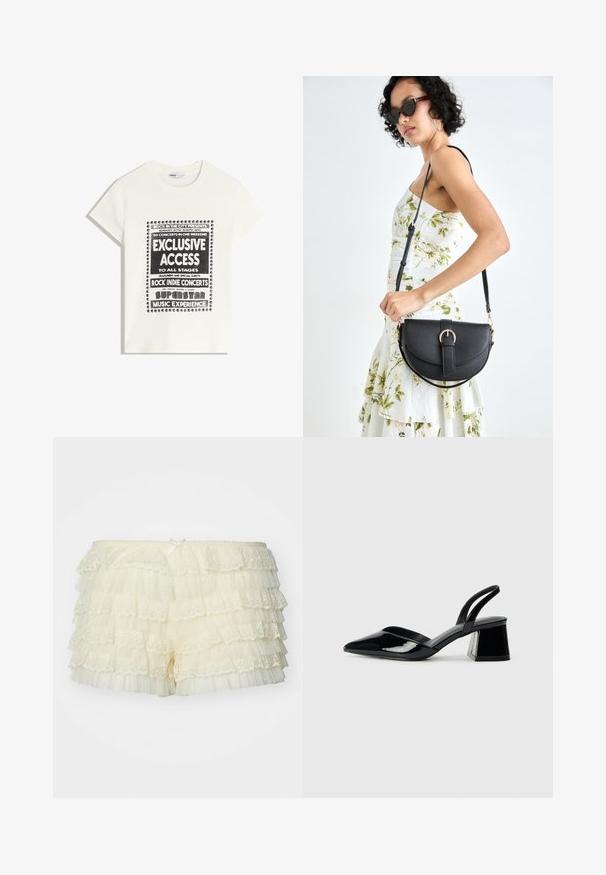 Weißes T-Shirt mit schwarzem Text zur Bewerbung eines Musikevents, mit den Aufdrucken "Exklusiver Zugang", "Rock Indie Konzerte" und "Superstar Musikerlebnis."; Jaded London VANILLA RHEA BLOOMER - Shorts - cream; Schwarze Lackleder-Slingback-High Heels mit spitzem Schuh und einem geometrischen Blockabsatz. Verfügt über ein schlankes, minimalistisches Design und eine glatte Textur.; Schwarze Lederhandtasche mit geschwungener Form, abnehmbarem Tragegurt und goldenen Beschlägen. Die Tasche verfügt über einen Deckel mit einer Schnallen-Details.