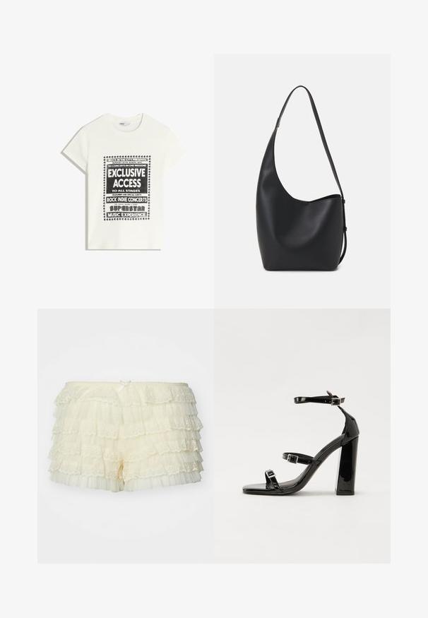 Maglietta bianca con testo nero che promuove un evento musicale, con le scritte "Accesso Esclusivo", "Concerti Rock Indie" e "Esperienza Musicale da Superstar".; Jaded London VANILLA RHEA BLOOMER - Shorts - cream; Sandali con tacco in vernice nera, con punta squadrata, cinturini alla caviglia e fibbie in argento. Presentano un tacco a blocco spesso per maggiore stabilità.; Borsa hobo nera in pelle con una superficie liscia, forma curvata e una singola tracolla regolabile; presenta un'ampia apertura nella parte superiore.