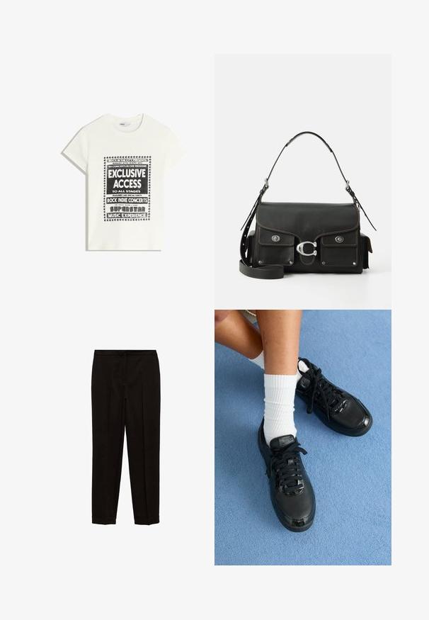 Biela tričko s čiernym textom propagujúcim hudobnú udalosť, ktorý obsahuje "Exkluzívny prístup", "Rock Indie koncerty" a "Superstar hudobný zážitok."; Čierne vycibrené nohavice so strihom rovného nohavice, ktoré majú hladkú textúru, prežehlené predné záhyby a manžety na leme.; Čierne tenisky Nike majú štruktúrovaný zvršok, lesklé akcenty a okrúhle šnúrky. Sú skombinované s bielymi rebrovanými ponožkami na svetlomodrom povrchu.; Čierna kožená kabelka s klopou, striebornými kovovými prvkami, dvoma prednými vreckami, kontrastným prešívaním a odnímateľným ramenným popruhom.