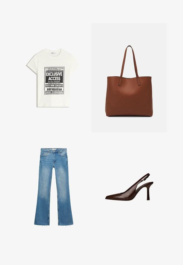 Tricou alb cu text negru care promovează un eveniment muzical, având inscripțiile "Acces Exclusiv", "Concerte Rock Indie" și "Experiența Muzicală a Superstarurilor".; Blugi evazați de culoare albastru deschis, din denim, cu un finisaj decolorat. Prezintă talie înaltă, buzunare frontale și un tiv brut la baza.; Pantofii slingback din piele maro au vârful ascuțit și tocul subțire. Prezintă o mică cataramă de accent pe curea și un finisaj lucios.; Geantă de umăr din piele maro cu o textură netedă, design cu vârf deschis și două curele pentru umăr. Prezintă cusături minime și fără componente metalice vizibile.