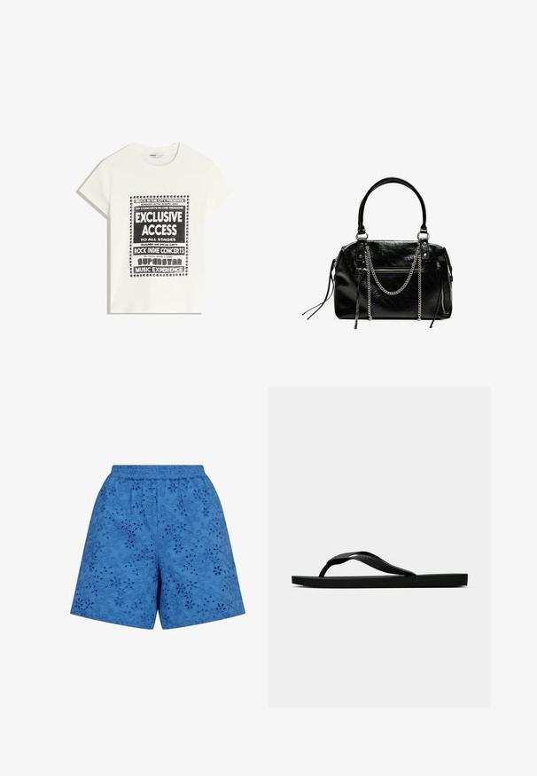 Maglietta bianca con testo nero che promuove un evento musicale, con le scritte "Accesso Esclusivo", "Concerti Rock Indie" e "Esperienza Musicale da Superstar".; Pantaloni corti blu con vita elastica, caratterizzati da ricami floreali testurizzati e motivi a intaglio su tutta la stoffa.; Infradito in gomma nera con cinturino testurizzato e suola piatta semplice, mostrati di lato su uno sfondo chiaro e uniforme.; Bershka WITH CHAIN - Borsa a mano - black