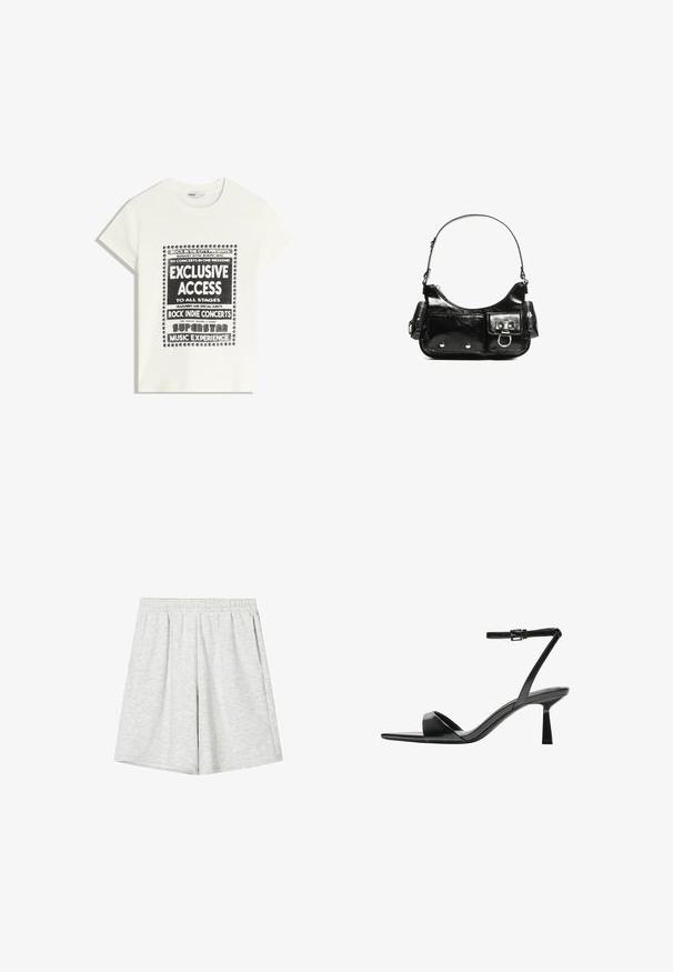 Vit t-shirt med svart text som främjar ett musikevenemang, med inskriptionerna "Exklusiv Tillgång", "Rock Indie-konserter" och "Superstar Musikupplevelse."; Ljusgrå träningsoverallshorts tillverkade av mjukt tyg, med elastisk midja, lös passform och subtil textur. Inga synliga mönster eller accenter.; Bershka Sandaletter - black; Svart lackläderhandväska med en rundad form, en axelrem, framfickor och detaljer i silverfärg.