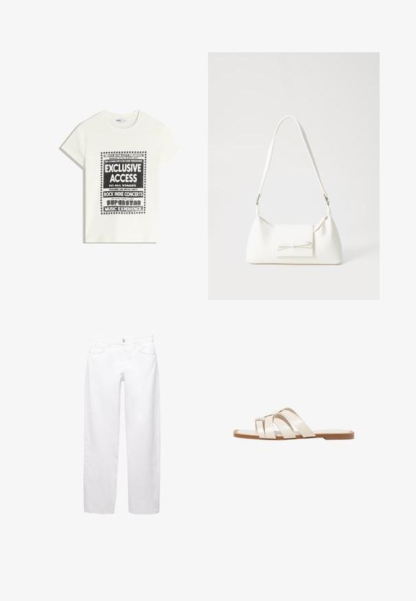 Bela majica s črnim napisom, ki promovira glasbeni dogodek, z besedami "Ekskluziven dostop," "Rock Indie koncerti" in "Superzvezdniška glasbena izkušnja."; Beli denim hlače s ravnim krojem, ki imajo sprednje žepe, zanke za pas in gumbasto zapiranje. Gladek teksturiran material, klasičen stil.; Ravne sandale s svetlo rjavim gumijastim podplatom, zasnovane s tremi prekrivajočimi se belimi usnjenimi trakovi in majhnim lokom na sredini.; Bela sintetična torbica v obliki trikotnika, z ravnim sprednjim poklopcem in detajlom mašne, nastavljivim trakom, gladko teksturo in minimalističnim dizajnom.