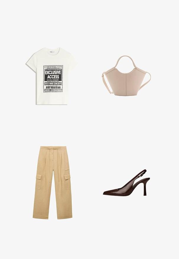 Bijela majica s crnim natpisom koja promiče glazbeni događaj, s natpisima "Ekskluzivni Pristup", "Rock Indie Koncerti" i "Superstar Glazbeno Iskustvo."; Bež lanene cargo hlače širokih nogavica, s dva bočna žepa, elastičnim pojasom s vezicama i suptilnom teksturom.; Smešani kožni slingback cipele s uskim nosom i tankom petom. Ima malu dekorativnu kopču na remenu i sjajnu završnicu.; Bež kožna torba jedinstvenog oblika, s dva kratka ručka i dugom podesivom trakom. Glatka tekstura s minimalnim metalnim dodacima.
