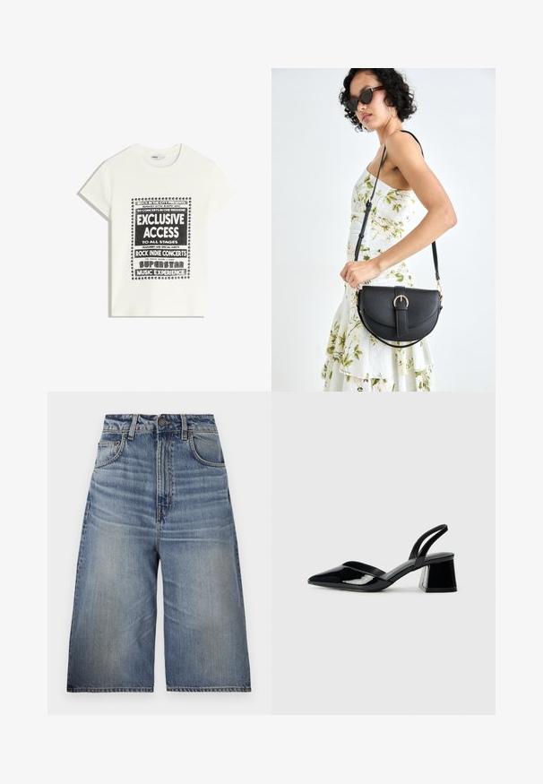 Bílý tričko s černým textem propagující hudební akci, obsahující "Exkluzivní přístup", "Rockové indie koncerty" a "Superstar hudební zážitek."; Modré denimové culottes s vysokým pasem, volným střihem, světle modrým praním, předními kapsami, viditelným šitím a knoflíkovým zapínáním v pase.; Černé lakované kožené lodičky na pásku s špičatou špičkou a geometrickým blokovým podpatkem. Vyznačují se elegantním, minimalistickým designem a hladkým povrchem.; Černá kožená kabelka s křivkovým tvarem, odnímatelným popruhem a zlatými detaily. Kabelka má klopu s přezkou.
