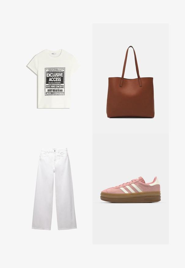 Fehér póló fekete felirattal, amely egy zenei eseményt népszerűsít, benne az "Exkluzív Hozzáférés", "Rock Indie Koncertek" és "Szupersztár Zenei Élmény" szöveggel.; Fehér, bő szárú farmernadrág. Gombos záródással, elülső és hátsó zsebekkel, valamint steppelt varrásokkal rendelkezik. Simas textura, minimális díszítéssel.; adidas Originals GAZELLE BOLD - Sportcipő - mauve/off white; Barna bőr vászontáska sima textúrával, nyitott tetejű dizájnnal és két vállpánttal. Minimális varrással és látható hardver nélkül készült.
