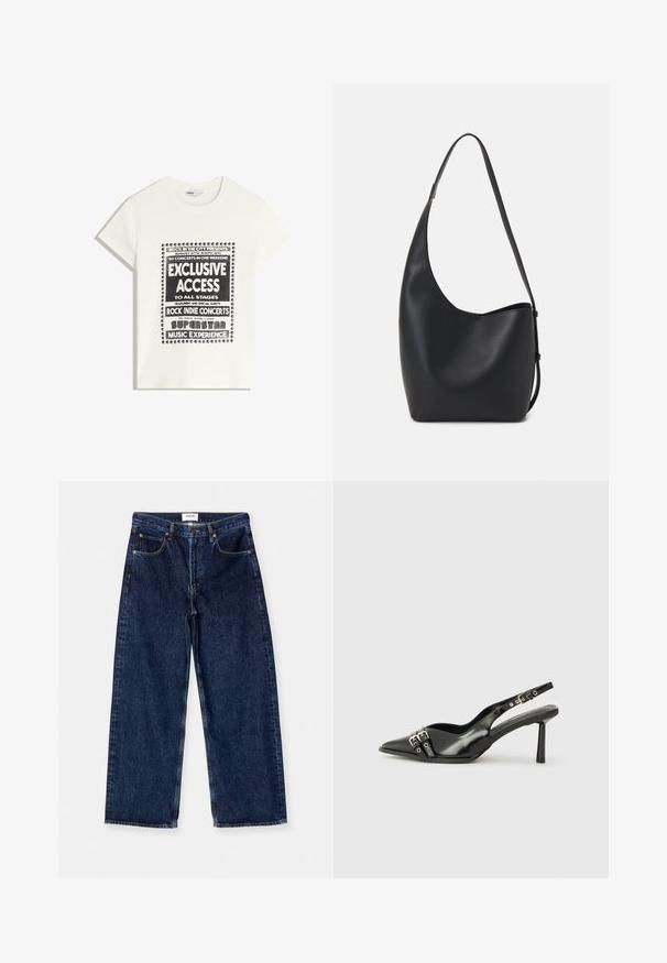 Weißes T-Shirt mit schwarzem Text zur Bewerbung eines Musikevents, mit den Aufdrucken "Exklusiver Zugang", "Rock Indie Konzerte" und "Superstar Musikerlebnis."; Dunkelblaue Jeans im weit geschnittenen Stil mit hoher Taille, Fronttaschen und einer glatten Textur mit dezenten Nähten.; Schwarzer Lackleder Slingback-Schuh mit spitzem Zehenbereich, Knöchelriemen mit silbernen Schnallen und Beschlägen sowie einem schlanken Absatz.; Schwarze Leder-Hobo-Tasche mit einer glatten Textur, geschwungener Form und einem einzelnen verstellbaren Tragegurt; verfügt über eine weite Öffnung am oberen Ende.