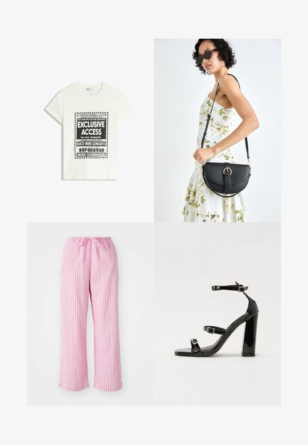 Bela majica s črnim napisom, ki promovira glasbeni dogodek, z besedami "Ekskluziven dostop," "Rock Indie koncerti" in "Superzvezdniška glasbena izkušnja."; Roza in bela črtasta široka hlača z elastičnim pasom in sprednjim trakom, narejena iz lahkotnega materiala.; Črne lakirane sandale s peto, kvadratnim prstom, trakovi okrog gležnja in srebrnimi zaponkami. Opremljene so s stabilno Debelo peto.; Črna usnjena torbica s ukrivljeno obliko, z odstranljivo naramnico in zlatimi dodatki. Torbica ima pokrov s podrobnostmi v obliki zaponke.