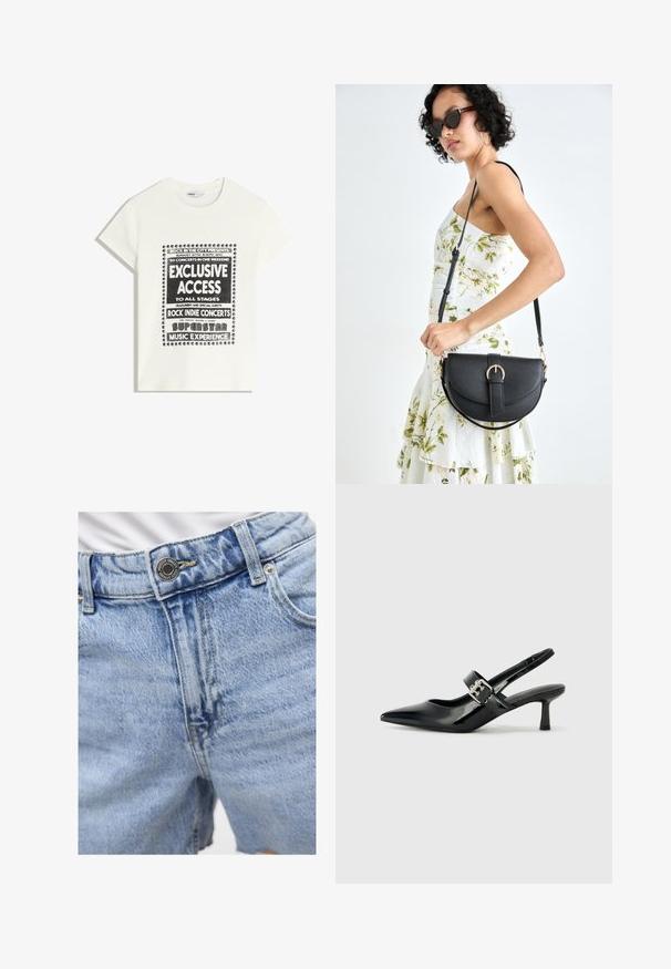 Bílý tričko s černým textem propagující hudební akci, obsahující "Exkluzivní přístup", "Rockové indie koncerty" a "Superstar hudební zážitek."; Světle modré denimové kraťasy s vysokým pasem, viditelným šitím, dvěma předními kapsami a kovovým knoflíkem na zapínání. Hladká textura.; Černé lakované boty na podpatku typu slingback s špičatou špičkou a malým blokovým podpatkem, které mají na pásku stříbrný přezkový akcent.; Černá kožená kabelka s křivkovým tvarem, odnímatelným popruhem a zlatými detaily. Kabelka má klopu s přezkou.