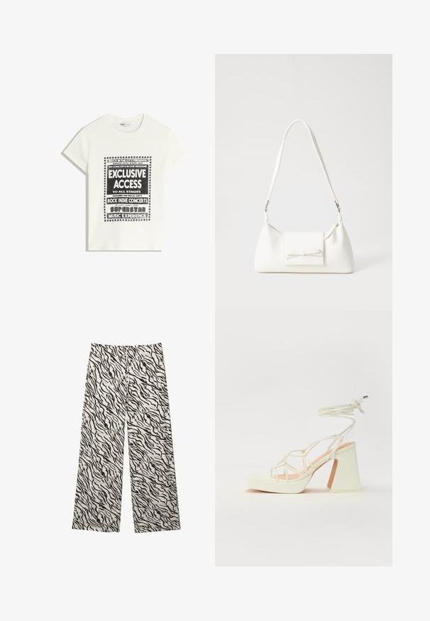 Hvid T-shirt med sort tekst, der promoverer et musikarrangement, med teksten "Eksklusiv Adgang," "Rock Indie Koncerter," og "Superstar Musikoplevelse."; Vidde bukser i en let stof med et sort og hvidt tigerstribet mønster. Elastisk talje med snøre detalje.; Hvide højhælede sandaler med en kraftig hæl, der har et stropdesign og ankelbinding. Glat tekstur med en platform foran for ekstra højde.; Hvid syntetisk håndtaske med en trekantet form, flad forsideklap og sløjfedetalje, justerbar strop, glat tekstur og minimalistisk design.