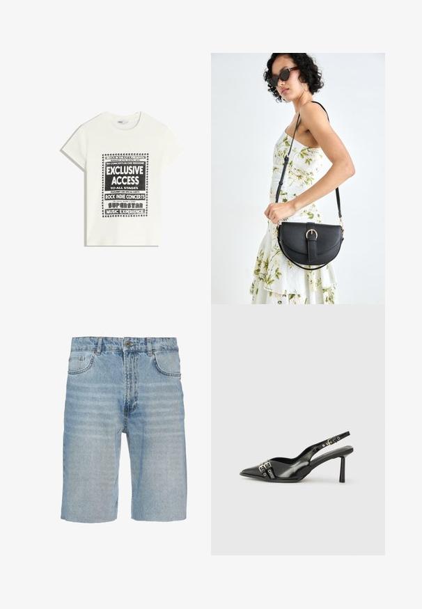 Bela majica s črnim napisom, ki promovira glasbeni dogodek, z besedami "Ekskluziven dostop," "Rock Indie koncerti" in "Superzvezdniška glasbena izkušnja."; Denim kratke hlače v svetlo modri barvi, s klasičnim pet-žepnim dizajnom, gumbom za zapiranje, ravnim krojem in subtilnimi detajli bledenja na tkanini.; Črne patentne usnjene sandale s koničastim nosom, zankami okoli gležnja s srebrnimi sponkami in opremo ter vitkimi petami.; Črna usnjena torbica s ukrivljeno obliko, z odstranljivo naramnico in zlatimi dodatki. Torbica ima pokrov s podrobnostmi v obliki zaponke.