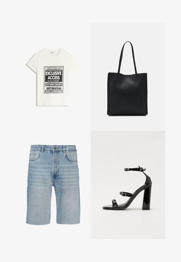 Bílý tričko s černým textem propagující hudební akci, obsahující "Exkluzivní přístup", "Rockové indie koncerty" a "Superstar hudební zážitek."; Džínové šortky ve světle modré barvě, s klasickým pěti-kapsovým designem, knoflíkovým zapínáním, rovný střih a jemným fadingem na látce.; Černé lakované sandály na podpatku se čtveratou špičkou, lýtkovými pásky a stříbrnými přezkami. Disponují masivním blokovým podpatkem pro stabilitu.; Černá kožená taška přes rameno s hladkým povrchem, obdélníkovým tvarem a dvěma dlouhými uchy. Žádné viditelné kování ani ozdoby.