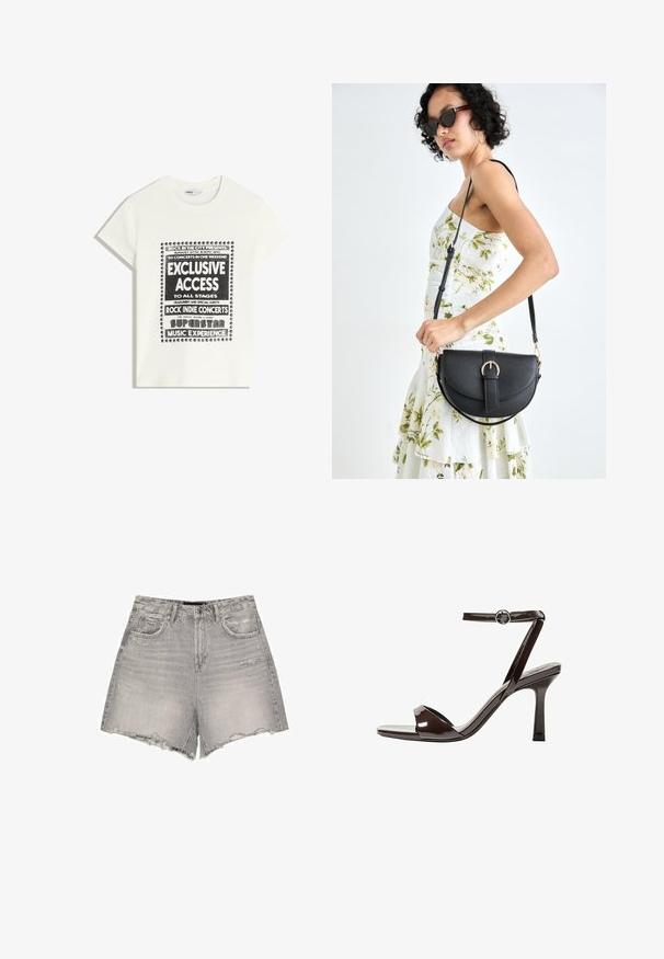 Biela tričko s čiernym textom propagujúcim hudobnú udalosť, ktorý obsahuje "Exkluzívny prístup", "Rock Indie koncerty" a "Superstar hudobný zážitok."; Sivé džínsové šortky s vysokým pásom, rozstrapkaným lemom, jemným opotrebovaním a klasickým piatym vreckovým dizajnom.; Hnedé lakované sandále na vysokom opätku s remienkom okolo členka, otvorenou špičkou a elegantným, minimalistickým dizajnom. Obsahujú štvorcovú pätu.; Čierna kožená kabelka s zaobleným tvarom, odnímateľným popruhom a zlatými doplnkami. Kabelka má klopu s detailom s prackou.