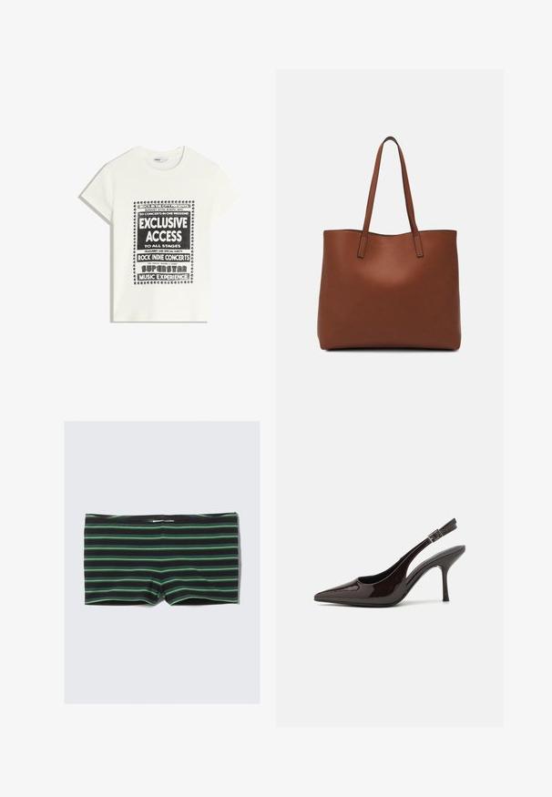 Biała koszulka z czarnym napisem promującym wydarzenie muzyczne, z hasłami "Ekskluzywny Dostęp", "Koncesje Rock Indie" i "Superstar Music Experience."; Czarne szorty kąpielowe w poziome zielone paski. Posiadają dopasowany krój i elastyczną talię. Wykonane z rozciągliwego, gładkiego materiału.; Sandały na obcasie typu slingback z błyszczącej ciemno-brązowej lakierowanej skóry, w szpic, z otwartymi bokami i regulowanym paskiem wokół kostki.; Brązowa skórzana torba tote o gładkiej fakturze, z otwartym wierzchem i dwoma ramiączkami. Charakteryzuje się minimalnym przeszyciem i brakiem widocznych elementów metalowych.