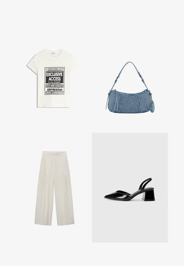 Valkoinen t-paita mustalla tekstillä, joka mainostaa musiikkitapahtumaa. Siinä on tekstit "Eksklusiivinen pääsy", "Rock Indie -konsertit" ja "Superstar-musiikkikokemus."; Vaaleanbeiget leveälahkeiset housut, joissa on pystysuorat valkoiset raidat. Ominaisuuksiin kuuluu korkea vyötärö, poimutettu etuosa ja sileä pinta.; Mustat patentoitu nahkakengät, joissa on säären takaosa ja terävä kärki, sekä geometrinen palikkakorko. Sisältää tyylikkään, minimalistisen muotoilun ja sileän pinnan.; Denim-käsilaukku, jossa on kaareva muoto, vaaleansininen väri, säädettävä olkahihna ja pieni irrotettava pussukka metallikoristeilla.