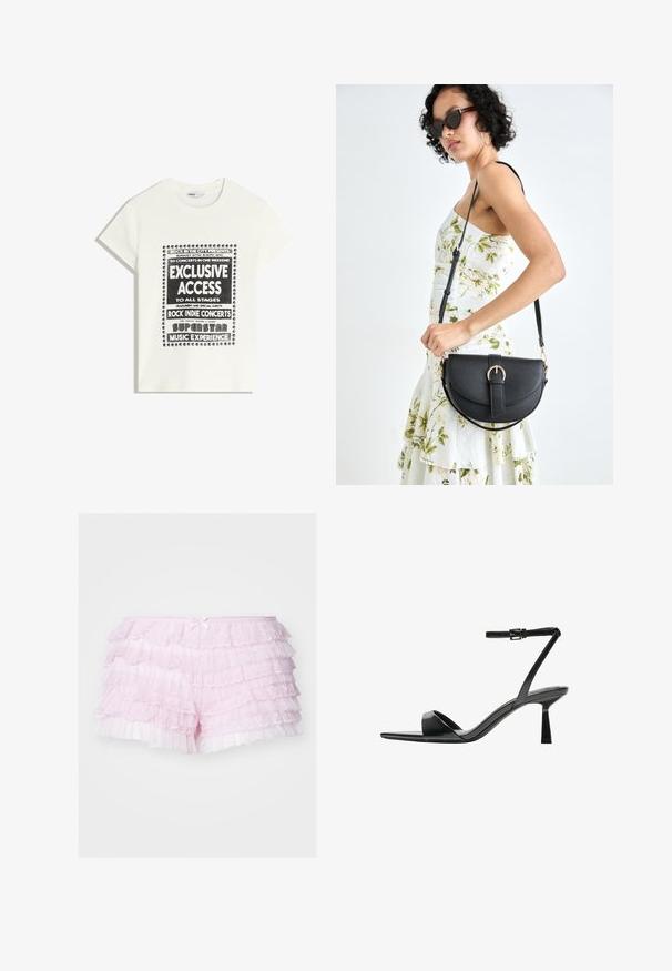 White t-shirt with black text promoting a music event, featuring "Exclusive Access," "Rock Indie Concerts," and "Superstar Music Experience."; Pink ruffled shorts with multiple layers of lace, featuring a soft satin bow at the waist and a sheer, textured finish.; Bershka High heeled sandals - black; Black leather handbag with a curved shape, detachable strap, and gold hardware. The bag features a flap with a buckle detail.