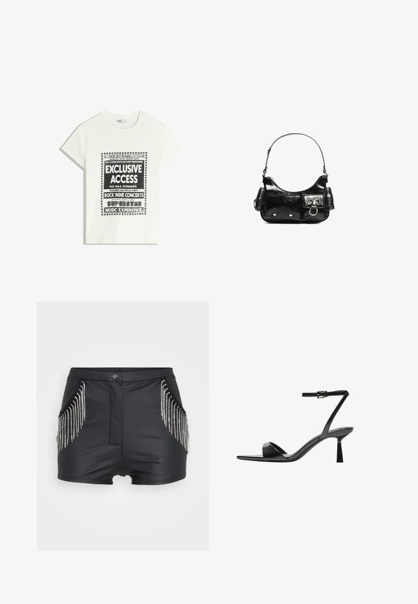 Valkoinen t-paita mustalla tekstillä, joka mainostaa musiikkitapahtumaa. Siinä on tekstit "Eksklusiivinen pääsy", "Rock Indie -konsertit" ja "Superstar-musiikkikokemus."; Mustat keinonahka-shortsit, joissa on kimaltelevat strassireunat taskuissa, edessä nappikiinnitys ja rakenteellinen muotoilu.; Bershka Korolliset sandaalit - black; Mustekko mustasta kiiltonahasta valmistettu käsilaukku, jossa on kaareva muoto, yksi olkahihna, etutaskut ja hopeanväriset yksityiskohdat.