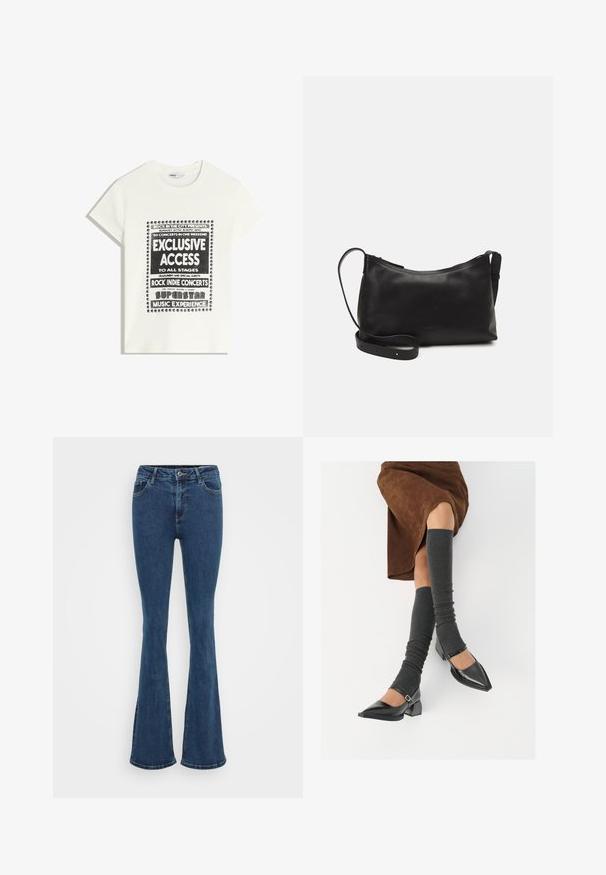 Bela majica s črnim napisom, ki promovira glasbeni dogodek, z besedami "Ekskluziven dostop," "Rock Indie koncerti" in "Superzvezdniška glasbena izkušnja."; Razširjene jeans hlače v temno modri barvi, ki vsebujejo klasičen pet-žepni dizajn, kontrastno šivanje in gumbasto zapiranje v pasu.; Črne lakirane čevlje s pointy prsti in blok peto ter z naramnicami za gleženj, ki jih kombiniramo s sivimi rebrastimi nogavicami in rjavim suknjičem iz usnja.; Črna usnjena torba čez ramo z gladko teksturo, ukrivljeno obliko, nastavljivim trakom in zadrgo. Minimalističen dizajn brez okrasnih detajlov.; Kovinski prstan s poliranim srebrnim zaključkom, ki vsebuje tri prepletene ukrivljene sekcije, kar ustvarja gladko in skladno obliko.