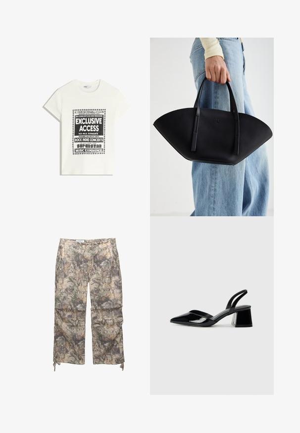 Vit t-shirt med svart text som främjar ett musikevenemang, med inskriptionerna "Exklusiv Tillgång", "Rock Indie-konserter" och "Superstar Musikupplevelse."; Byxor med kamouflage-mönster i ett lätt material, elastisk midja, sidofickor och justerbara dragsnörning vid vristerna.; Svarta lackläder slingback klackar med spetsig tå och geometrisk klack. Har en elegant, minimalistisk design och slät yta.; Svart läderhandväska med en unik fläktform, som har platta handtag. Ytan har en pebblad textur och en minimalistisk design.
