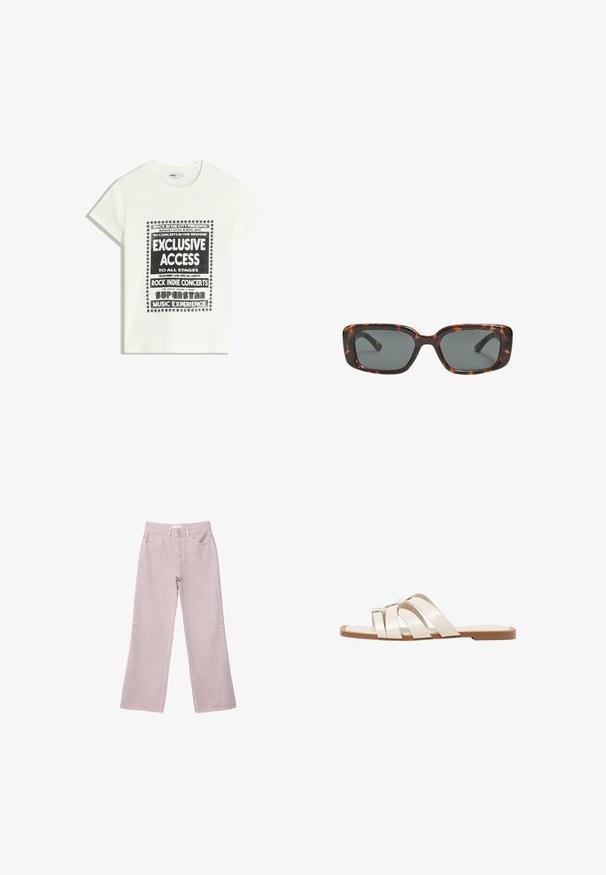 Biela tričko s čiernym textom propagujúcim hudobnú udalosť, ktorý obsahuje "Exkluzívny prístup", "Rock Indie koncerty" a "Superstar hudobný zážitok."; Svetloružové nohavice širokého strihu vyrobené z denimu, s priehľadným zipsom, piatimi vreckami a jemnými detailmi šitia.; Ploché sandále s hnedou gumovou podrážkou, navrhnuté s tromi prekrývajúcimi sa bielymi koženými popruhmi a malou mašličkou uprostred.; Rámiky slnečných okuliarov v štýle korytnačiny s obdĺžnikovými šošovkami, hrubými rámami a tmavými tónovanými šošovkami. Hladký povrch a minimalistický dizajn.