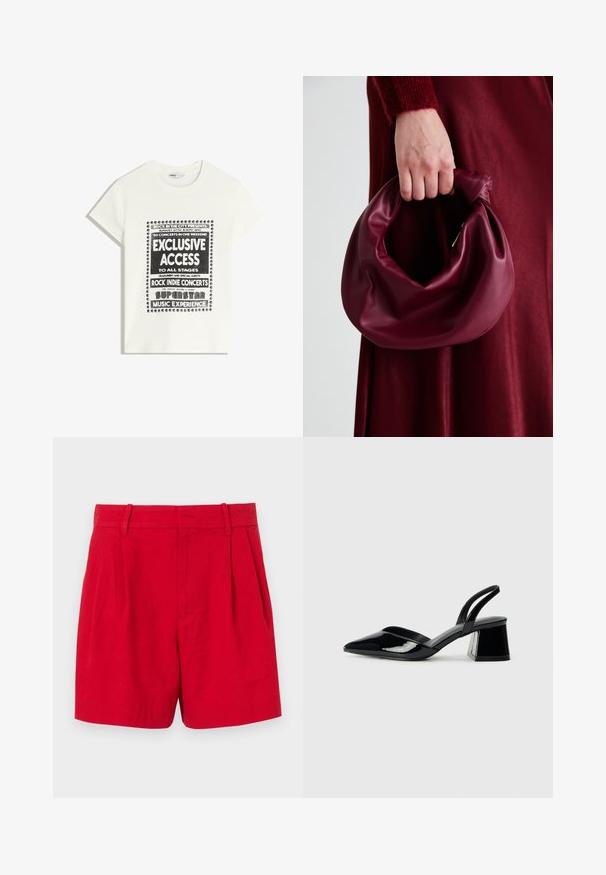 White t-shirt with black text promoting a music event, featuring "Exclusive Access," "Rock Indie Concerts," and "Superstar Music Experience."; Red linen shorts with a high waist, featuring front pleats, belt loops, and a smooth texture. Regular fit with a clean, tailored design.; Black patent leather slingback heels with a pointed toe and a geometric block heel. Features a sleek, minimal design and smooth texture.; Burgundy leather handbag with a soft, gathered design and a rounded shape. The handle is secured, showcasing a smooth texture.