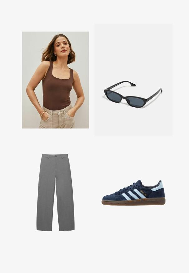 Ruskea hihaton bodysuit, jossa on neliön muotoinen kaula-aukko, valmistettu sileästä kankaasta, yhdistettynä korkeavyötäröisiin, vaalean beigeihin housuihin. Yksinkertainen muotoilu.; Vaaleanharmaat leveälahkeiset housut, joissa on sileä, teksturoitu kangas, edessä nappisuljenta ja vyölenkit vyötäröllä.; Adidaksen tummansininen mokkanahkakengät vaaleansinisin raidoitta, kumipohja, vaaleansininen kantatuki ja kultainen "Spezial" -merkintä sivussa.; Musta kissakatse aurinkolasit tummilla linsseillä, muovikehys, kapeat temppelit ja hienovarainen brändäys sisäisessä varressa. Mattapintainen rakenne.