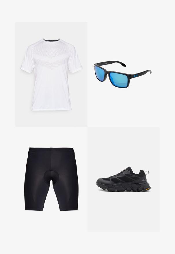 Tricou sportiv alb cu mânecă scurtă, cu un model geometric texturat pe față, realizat dintr-un material ușor, cu decolteu rotund și croială lejeră.; Ciclism scurt negru realizat dintr-un material elastic, având o zonă de șezut căptușită, o textură fină și un design ajustat pentru confort.; Pantofi sport negri cu talpă groasă, upper din plasă și material sintetic, accente texturate și marcaj Vibram pe talpa exterioară.; Ochelari de soare eleganți, de culoare neagră, cu lentile reflectorizante albastre, rame pătrate și accente albastre pe braț. Fabricati dintr-un material plastic ușor.