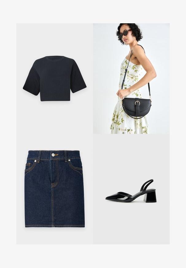 Tumši zili izgriezts adīts džemperis ar ribotu tekstūru, īsām platām piedurknēm un apaļu kakla izgriezumu. Vienkāršs dizains, bez redzamām rakstu vai akcentiem.; Tumši zila džinsu svārku ar redzamām šuvēm, piecu kabatu dizainu un priekšējo pogu aizdari. Taisna piegriezums ar tīru apakšējo malu.; Melna lakota āda ar atvērto papēdi, ar smailu purngalu un ģeometrisku blokpapēdi. Iezīmējas elegants, minimāls dizains un gluda tekstūra.; Melnas ādas rokassoma ar izliekta formu, noņemamu siksnu un zelta aksesuāriem. Somai ir vāciņš ar sprādzes detaļu.