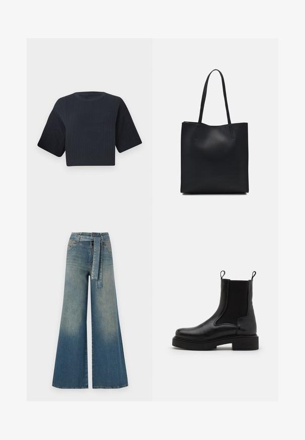 Tumman laivastonsininen lyhyt neulepaita, jossa on röyhelötekstuuri, lyhyet leveät hihat ja pyöreä pääntie. Yksinkertainen muotoilu, ei näkyviä kuvioita tai yksityiskohtia.; Yksiväriset farkut leveällä lahkeella, joissa on vaaleasta tummansiniseen häipyvä väri, korkea vyötärö, vyölenkit ja yhteensopiva kangasvyö. Rakennefarkkujen pinta.; Musta nahkasaappaat nilkkamittaisilla, joustavilla sivupaneeleilla ja silmukka-haustimilla, joissa on muhkea musta pohja ja sileä pinta.; Mustapahkainen kangaskassi, jossa on sileä pinta, suorakaiteen muotoinen ja kaksi pitkää kahvaa. Ei näkyvää metalliosaa tai koristeita.