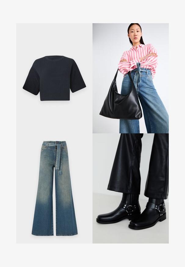 Pull en maille noir marine raccourci avec une texture côtelée, des manches courtes et larges, et un col rond. Design simple, sans motifs ni accents visibles.; Pantalons en denim à jambe large présentant un dégradé de bleu clair à bleu foncé, taille haute, passants de ceinture et une ceinture en tissu assortie. Finition en denim texturé.; Bottines en cuir noir avec un bout arrondi, présentant une boucle décorative et des clous sur la sangle, ainsi qu'un détail côtelé vertical.; Sac à épaule en cuir noir avec une forme décontractée et des détails de couture. Le modèle porte une chemise rayée rose et blanche avec un jean bleu à jambes larges.