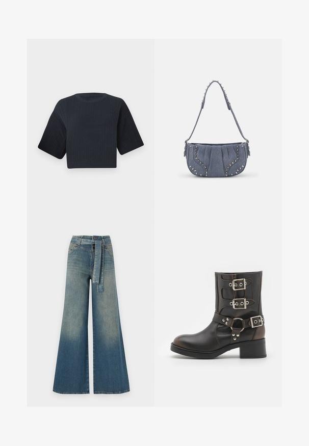 Tumši zili izgriezts adīts džemperis ar ribotu tekstūru, īsām platām piedurknēm un apaļu kakla izgriezumu. Vienkāršs dizains, bez redzamām rakstu vai akcentiem.; Platām kājām džinsu bikses ar gaismas līdz tumši zilam gradientam, augstu jostas līniju, jostas cilpām un atbilstošu auduma jostu. Tekstūrēts džinsas apdare.; Melnas ādas potītes zābaks ar trim regulējamām sudraba sprādzēm, apaļu akcenta siksnu un zemu blokveida papēdi. Gluda tekstūra un noapaļota purngalu forma.; Denim plecu soma ar krokotas dizainu, zilas krāsas, ar sudraba kniedēm gar malām un teksturētu siksnu.