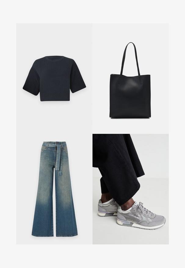 Ciemnogranatowy krótkowłosy sweter dzianinowy z prążkowaną teksturą, szerokimi krótkimi rękawami i okrągłym dekoltem. Prosty design, brak widocznych wzorów lub akcentów.; Szerokie spodnie dżinsowe z gradientem od jasnoniebieskiego do ciemnoniebieskiego, wysokim stanem, szlufkami na pasek oraz pasującym paskiem z tkaniny. Teksturowany wykończenie dżinsu.; Szare trampki wykonane z siateczki i zamszu, z białą podeszwą, jasnoszarymi akcentami i sznurowadłami. Noszone z luźnymi czarnymi spodniami z materiału.; Czarna skórzana torba tote o gładkiej fakturze, prostokątnym kształcie i dwóch długich uchwytach. Brak widocznych elementów metalowych i ozdób.
