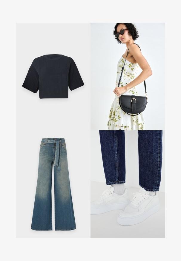 Mørk marineblå cropped strikkegenser med ribbet tekstur, korte vide ermer og rund hals. Enkel design, ingen synlige mønstre eller detaljer.; Bredde ben jeans med en lyseblå til mørkeblå gradient, høyt liv, beltehemper og et matchende belte i samme stoff. Teksturert denimoverflate.; Hvite joggesko med teksturert design og tykke såler, kombinert med lysegrå ribbestrikkede sokker og mørkeblå denimjeans.; Svart lærveske med en buet form, avtagbar stropp og gullbeslag. Vesken har et klaff med spenne-detall.