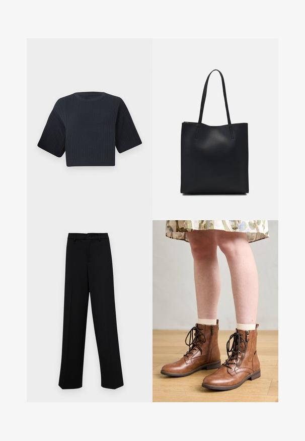 Tamnoslijeđi skraćeni pleteni pulover s rebrastom teksturom, kratkim širokim rukavima i okruglim izrezom. Jednostavan dizajn, bez vidljivih uzoraka ili naglasaka.; Crne široke hlače od glatkog materijala, s klasičnim pojasom koji se zatvara dugmetom i prednjim naborima.; Smeđe kožne gležnjače s detaljima čipke i zatvarača. Imaju okrugli vrh i nisku petu, uparene s krem čarapama i cvjetnom suknjom.; Crna kožna torba za nošenje s glatkom teksturom, pravokutnim oblikom i dvije duge ručke. Nema vidljivih metalnih dijelova ili ukrasa.