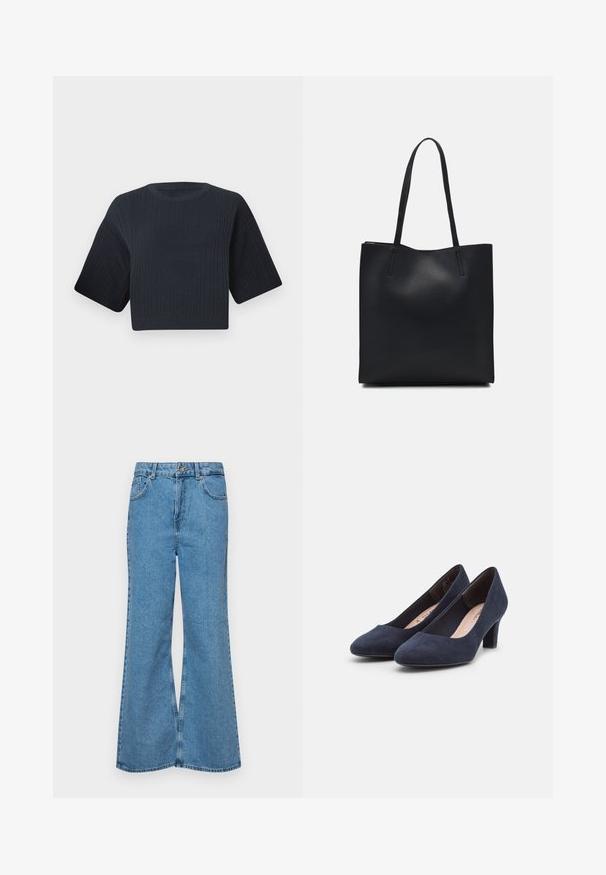 Tumši zili izgriezts adīts džemperis ar ribotu tekstūru, īsām platām piedurknēm un apaļu kakla izgriezumu. Vienkāršs dizains, bez redzamām rakstu vai akcentiem.; Gaiši zili, platā piegriezuma džinsi, kas izgatavoti no denima, ar augstu jostasvietu, piecām kabatām un vienu pogu. Mīksta tekstūra ar nolietotu apdari.; Tumši zila zamšāda augstpapēžu kurpes ar noapaļotu pirms un teksturētu virsmu; ir zems, plats papēdis stabilitātei.; Melnas ādas somiņa ar gludu tekstūru, taisnstūra formu un divām garām rokturiem. Nav redzamu aparatūras vai rotājumu.