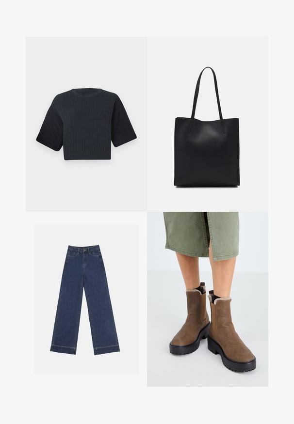Dark navy cropped knit sweater with ribbed texture, short wide sleeves, and a round neckline. Simple design, no visible patterns or accents.; Wide-leg jeans in dark blue denim. Features five pockets, belt loops, and a raw hem at the bottom with visible stitching details.; Brown leather ankle boots with a rubber sole, plush lining, and elastic side inserts. Features a low block heel and a smooth texture.; Black leather tote bag with smooth texture, rectangular shape, and two long handles. No visible hardware or embellishments.