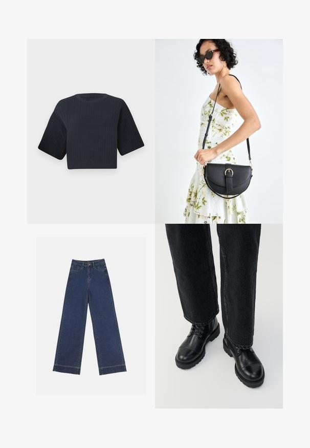 Tamnoslijeđi skraćeni pleteni pulover s rebrastom teksturom, kratkim širokim rukavima i okruglim izrezom. Jednostavan dizajn, bez vidljivih uzoraka ili naglasaka.; Široke traperice u tamnoplavom denimu. Imaju pet džepova, petlje za pojas i siroki rub na dnu s vidljivim detaljima šavova.; Crne kožne gležnjače s okruglim prstima, vezicama i čvrstim, debelim potplatom. Uparene s tamnim trapericama koje pokazuju sirovi rub.; Crna kožna torba s lukovitim oblikom, odvojivim remenom i zlatnim detaljima. Torba ima preklop s kopčom.