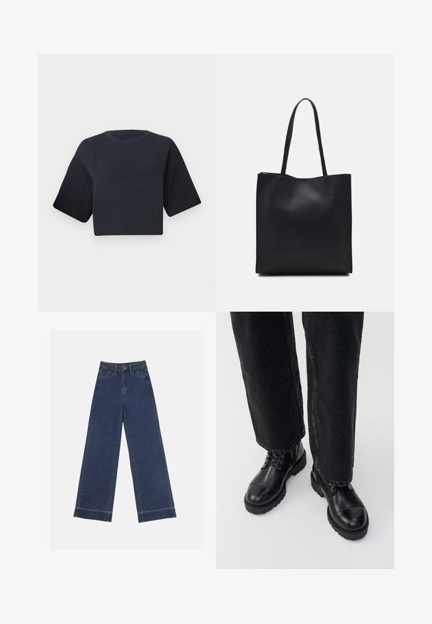 Dark navy cropped knit sweater with ribbed texture, short wide sleeves, and a round neckline. Simple design, no visible patterns or accents.; Wide-leg jeans in dark blue denim. Features five pockets, belt loops, and a raw hem at the bottom with visible stitching details.; Black leather ankle boots with round toes, laces, and a rugged, thick sole. Paired with dark jeans showing a raw hem detail.; Black leather tote bag with smooth texture, rectangular shape, and two long handles. No visible hardware or embellishments.