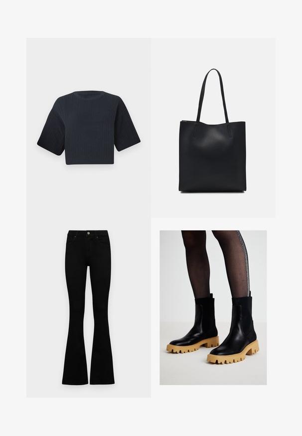 Suéter de malha cropped em azul marinho escuro com textura canelada, mangas curtas largas e decote redondo. Design simples, sem padrões ou acentos visíveis.; Jeans pretos de cintura alta com fecho de botão e zíper, bolsos frontais e pernas largas dispostos em cima de um fundo branco.; Botas de tornozelos em couro preto com sola de borracha bege robusta e detalhes em tecido canelado. Textura suave, bico arredondado e cano elástico alto.; Bolsa tote preta em couro com textura lisa, forma retangular e duas alças longas. Sem hardware ou enfeites visíveis.