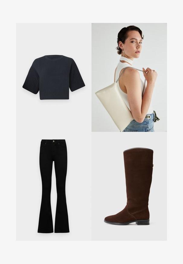 Dark navy cropped knit sweater with ribbed texture, short wide sleeves, and a round neckline. Simple design, no visible patterns or accents.; Black high-waist jeans with a button and zip closure, front pockets, and flared legs laid flat on a white background.; Brown suede knee-high boot with a rounded toe, subtle stitching details, and a low block heel. Smooth lining at the upper edge.; White rectangular clutch bag made of glossy material, featuring a silver chain strap. Model poses, showcasing the bag against a plain background.