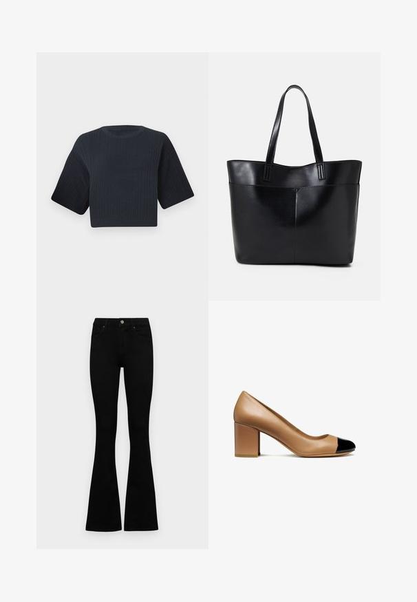 Tume mere värvitud lühike kudumipee, millel on soonikkoes tekstuur, lühikesed laiad varrukad ja ümmargune kaelus. Lihtne disain, nähtavaid mustreid ega aktsente pole.; Mustad kõrge vöökohtadega teksad, millel on nööp ja lukuga sulgemine, esikäe taskud ja laienevad sääred, asetatud tasasele valgele taustale.; Beež nahast kõrged kontsad ümarate varvastega ja musta läikiva kapiga, millel on plokkkont ja sile tekstuur.; Must mustaga musta nahast, millel on kaks pikka kanda, sile tekstuur ja struktureeritud kuju. Esipoolsel on lisakoti jaoks tasku.