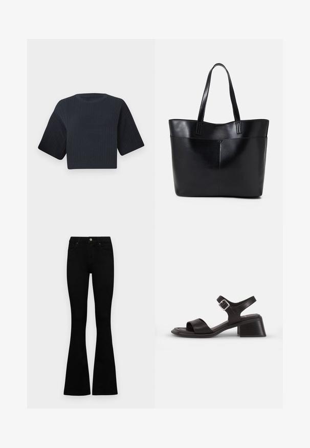 Pulover scurt tricotat, de culoare bleumarin închis, cu textură ribbed, mâneci scurte și largi, și guler rotund. Design simplu, fără modele sau accente vizibile.; Jeans negri cu talie înaltă, cu închidere prin nasture și fermoar, buzunare frontale și picioare evazate, așezați pe un fundal alb.; Sandale negre din piele, cu vârful descoperit, o bandă lată pe picior și o curea la gleznă cu un cataramă argintie. Design cu toc pătrat.; Geantă oversized din piele neagră, cu două mânere lungi, de textură netedă și formă structurată. Are un buzunar frontal pentru stocare suplimentară.