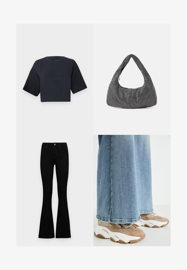 Tumši zili izgriezts adīts džemperis ar ribotu tekstūru, īsām platām piedurknēm un apaļu kakla izgriezumu. Vienkāršs dizains, bez redzamām rakstu vai akcentiem.; Melni augsta jostas šorti ar pogu un rāvējslēdzēju, priekšējām kabatām un izplestām kājām, nolikti uz balta fona.; Steve Madden POSSESSIONE - Sporta apavi - oatmeal; Melna soma ar izliekta, hobo formas dizainu, teksturēta auduma ar sudraba kniedēm. Viena augšējā roktura, rāvējslēdzēja aizdare un maiga silueta.