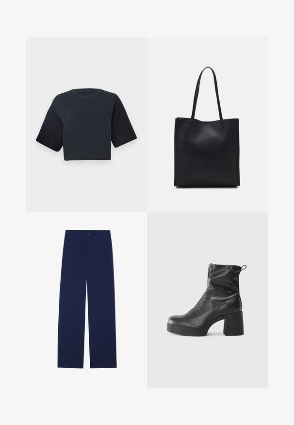 Mørk marineblå cropped strikkegenser med ribbet tekstur, korte vide ermer og rund hals. Enkel design, ingen synlige mønstre eller detaljer.; Navy blå vide bukser lavet af glat stof, med forlommer, knaplukning og en skræddersyet design med folder.; Svarte ankelstøvler laget av glatt lær, med glidelås på siden, chunky strukturert hæl, og rund tå-design.; Svart lær tote bag med glatt tekstur, rektangulær form og to lange håndtak. Ingen synlige deler eller dekorasjoner.