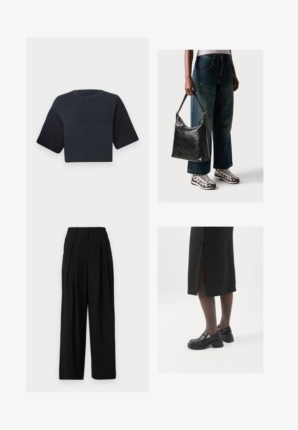 Donker marineblauw cropped gebreid sweater met ribbeltextuur, korte brede mouwen en een ronde halslijn. Eenvoudig ontwerp, zonder zichtbare patronen of accenten.; Zwarte wijde broeken van gladde stof, met een hoge tailleband, plooien aan de voorkant en een vloeiende silhouet.; Zwarte leren schoenen met een ronde neus, dikke blokhak en elastische zijkanten, gecombineerd met donkere panty's en een zwarte rok met een split.; Zwarte leren schoudertas met een gladde textuur en een verstelbare strap, gecombineerd met vervaagde wijde jeans en sportieve sneakers.