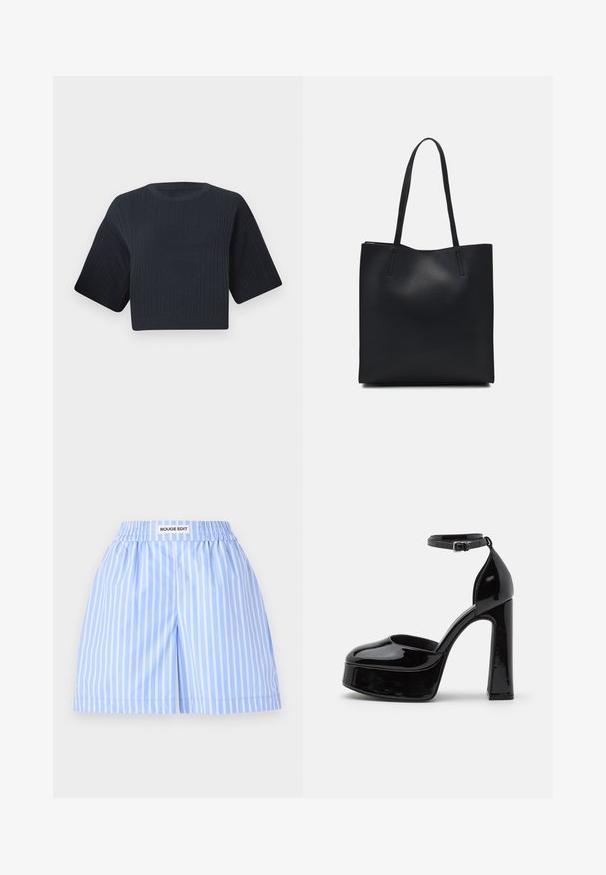 Dunkelblaue cropped Strickjacke mit gerippter Textur, kurzen weiten Ärmeln und rundem Halsausschnitt. Schlichtes Design, keine sichtbaren Muster oder Akzente.; Hellblaue Shorts mit weißen vertikalen Streifen, ausgestattet mit einem elastischen Bund, der "ROUGE EDIT" trägt. Glattes, leichtes Material mit entspannter Passform.; Schwarze Lackleder-Plateau-Absätze mit einem Knöchelriemen, runder Zehenform und Blockabsatz, die eine glatte, glänzende Textur präsentieren.; Schwarze Laptoptasche aus Leder mit glatter Textur, rechteckiger Form und zwei langen Griffen. Keine sichtbaren Beschläge oder Verzierungen.
