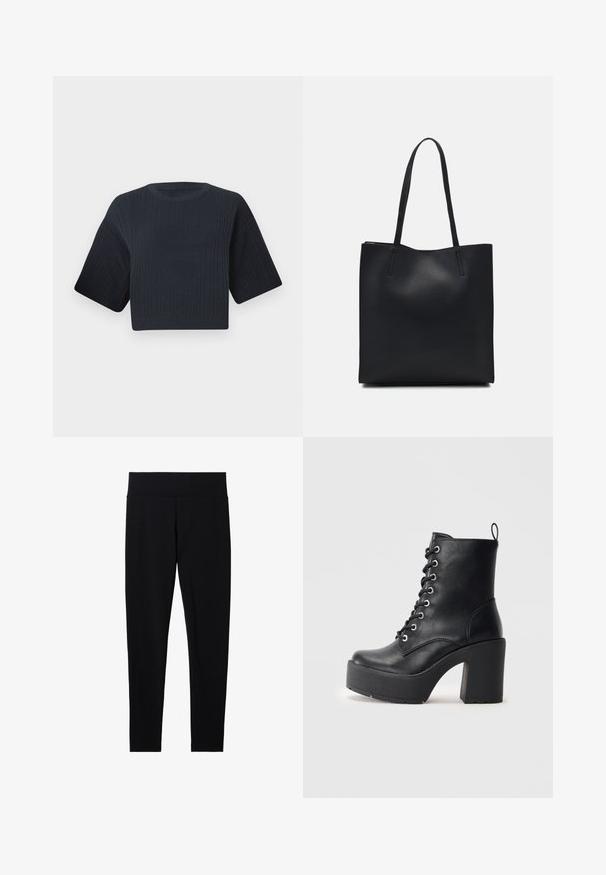 Ciemnogranatowy krótkowłosy sweter dzianinowy z prążkowaną teksturą, szerokimi krótkimi rękawami i okrągłym dekoltem. Prosty design, brak widocznych wzorów lub akcentów.; Czarne elastyczne legginsy z szerokim, miękkim pasem, o gładkiej fakturze i dopasowanej sylwetce, odpowiednie do różnych aktywności.; Czarne skórzane botki za kostkę z grubym słupkowym obcasem, sznurowanym przodem i teksturowaną powierzchnią. Posiadają pętelkę z tyłu dla łatwego zakładania.; Czarna skórzana torba tote o gładkiej fakturze, prostokątnym kształcie i dwóch długich uchwytach. Brak widocznych elementów metalowych i ozdób.